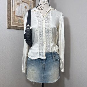 70s 80s Vintage Gunne Sax White Lace Trim Satin Button Up Women’s Size Small